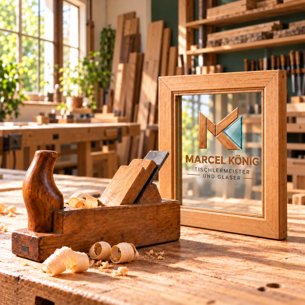 KI-generiertes Symbolbild: Holzhobel und verglaster Holzrahmen mit dem Logo von Marcel König in einer Werkstatt.